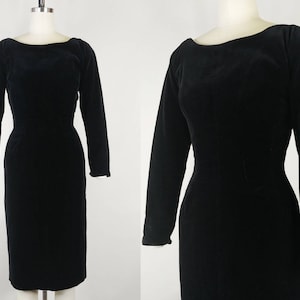1950s Black Velvet Wiggle Dress  | Vintage 50s Velour Sheath Dress  | Women&#39;s Clothing XS Extra Small