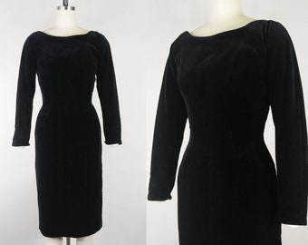 1950s Black Velvet Wiggle Dress  | Vintage 50s Velour Sheath Dress  | Women&#39;s Clothing XS Extra Small