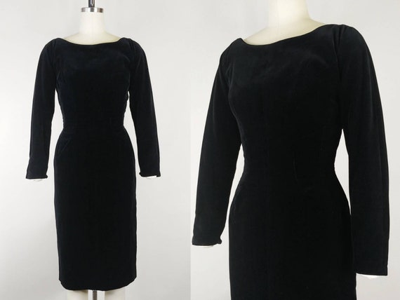 1950s Black Velvet Wiggle Dress  | Vintage 50s Ve… - image 1