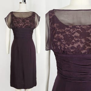 1950s Chocolate Brown Silk Chiffon Cocktail Dress | Vintage 50s Dark Brown Sheath Dress