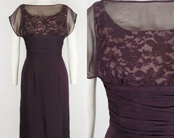 1950s Vintage Silk Chiffon Cocktail Dress | Brown Lace Bodice
