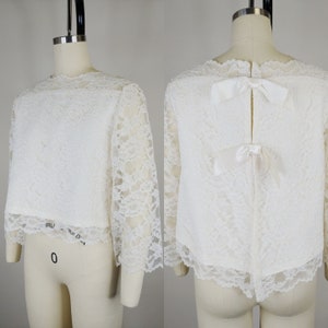 1950s Alencon Lace Jacket | Vintage 50s Cream Bow Back Blouse | Women's Formal Clothing Small Medium