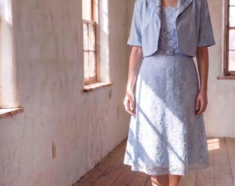 1950s Light Blue Lace Dress and Bolero | Vintage 50s Cocktail Dress Set