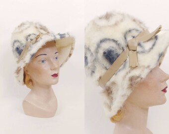 1960s Emme Boutique Furry Mohair Cloche | Vintage 60s Cream Tan Dot Print Brimmed Hat | Women's Fall Winter Hats