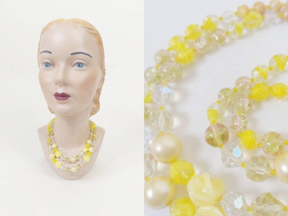 1960s Yellow Glass Crystal Two Strand Tiered Bead… - image 1