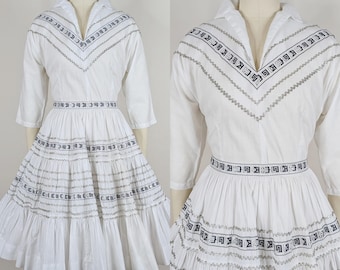 1950s Patio Set | Vintage 50s Southwestern White Cotton Blouse and Skirt