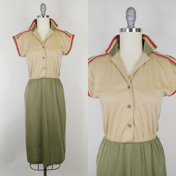 1970s Sporty Stripe Dress | Vintage 70 Khaki Oliv… - image 1