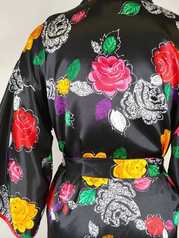 1990s California Dynasty Rose Print Kimono Robe |… - image 7