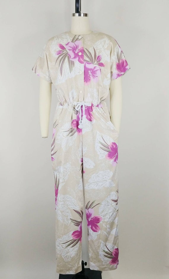 1980s Hibiscus Tropical Floral Cotton Jumpsuit | … - image 2