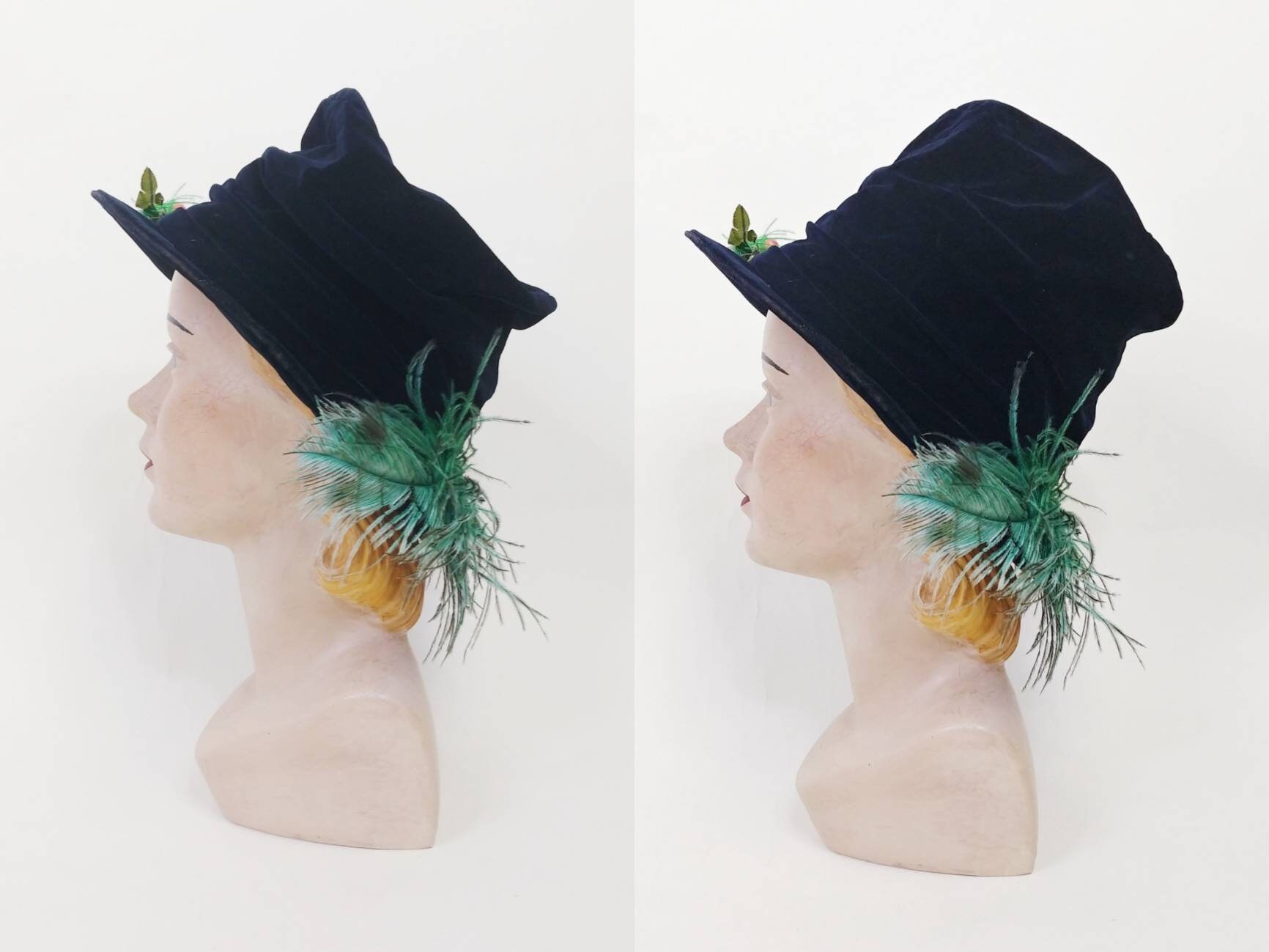Antique Velvet Cloche Hat | Ostrich Feather & Berries, 1920s 
