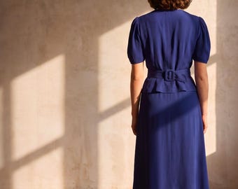 1930s Art Deco Rayon Dress | Navy Blue Short Sleeve, Medium