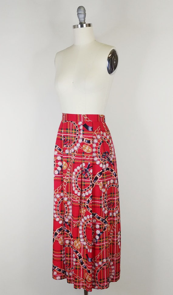 1990s Bows and Chains Novelty Print Plaid Midi Sk… - image 5