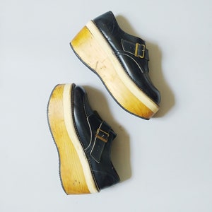 1970s Wood Platform Shoes | Vintage 70s Black Leather Loafers | Women's Shoes Size 8 8.5