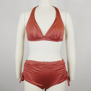 1970s Sirena Copper Brown Satin Bikini | Vintage 70s Bronze Two Piece Halter Swimsuit | Womens Swimwear Small Medium