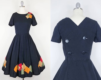 1950s Patchwork Applique Button Back Black Wrap Dress | Vintage 50s Short Sleeve Fit n Flare Dress | Womens Clothing XS