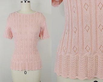 1990s does 1930s Light Pink Knit Sweater | Vintage 90s Short Sleeve Pullover Top