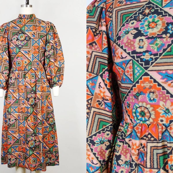 1970s Liberty Of London Bernard Freres Patchwork Print Balloon Sleeve Wool Dress | Vintage 70s High Neck Dress | Women's Clothing XS