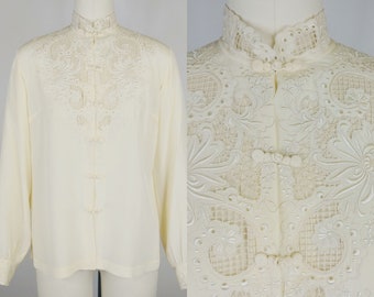 1970s Chinese Hand Embroidered Silk Blouse | Vintage 70s Light Yellow Button Down Top | Women's Clothing Small