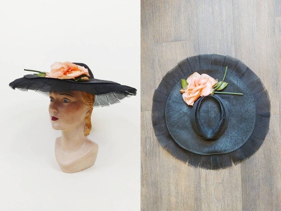 1940s Petite Modes Black Straw Picture Hat | Vint… - image 1