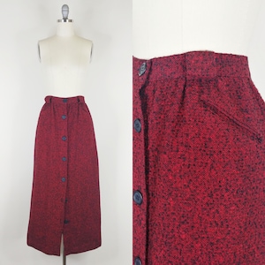1990s Tweed Midi Skirt | Vintage 90s Red and Black Button Down Straight Skirt | Women&#39;s Clothing Small 26 Waist