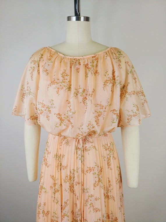 1970s Peach Daisy Print Polyester Maxi Dress | Vi… - image 2