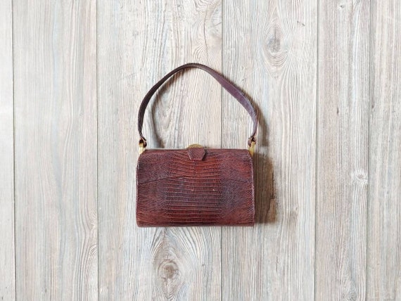 1950s Lizard Skin Handbag | Vintage 50s Brown Rep… - image 1