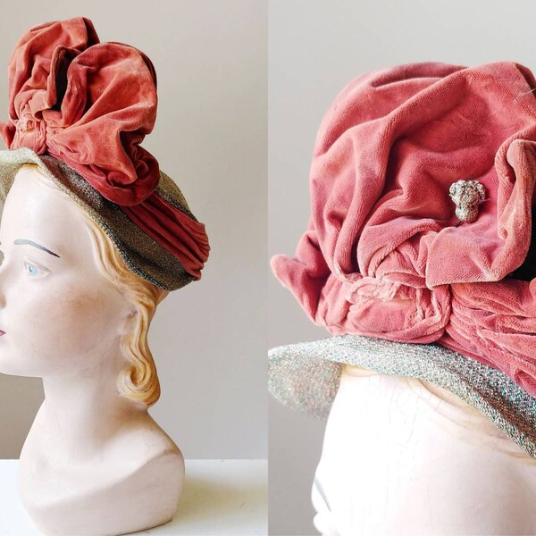 1940s Metallic Gold Turban Style Bow Hat | Vintage 40s Rust Brown Velvet Cap | Women's Fall Hats