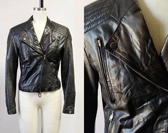 1980s Berman's Black Leather Motorcycle Jacket | Vintage 80s Zip Front Crop Jacket | Womens Outerwear XS