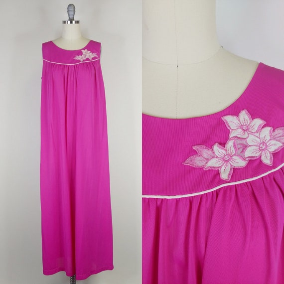 1960s Fuschia Pink Nylon Chiffon Nightgown | Vint… - image 1