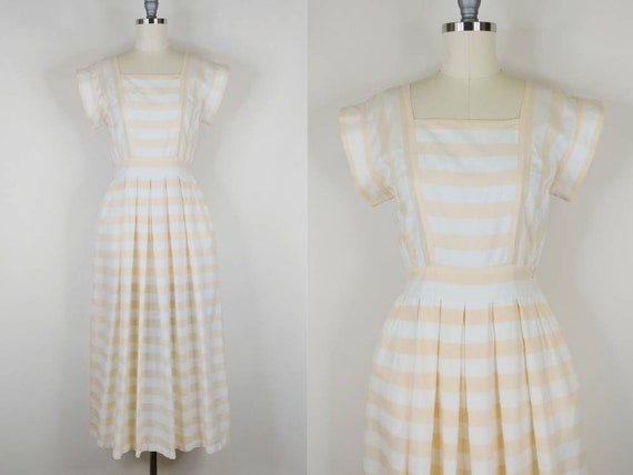 1980s Albert Nipon Butter Yellow Striped Cotton P… - image 1