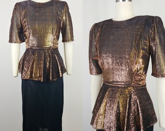 1970s Copper Lame Disco Dress | Vintage 70s does 40s Peplum Cocktail Dress