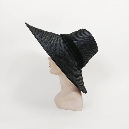1940s Leslie James Black Straw Picture Hat | Vintage 40s Wide Brim Portrait Hat shops | Women's Hats