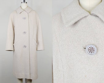 1960s Rothmoor Light Beige Wool Boucle Winter Coat | Vintage 60s Rhinestone Button Box Coat | Womens Outerwear Small Medium
