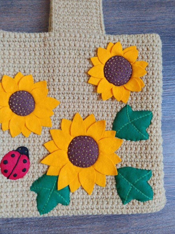 1970s Sunflower Ladybug Crochet Bag  | Vintage 70… - image 4