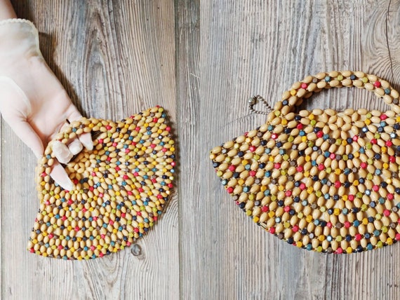 1930s Rainbow Painted Wood Beaded Purse Vintage 30s Colorful Mini 