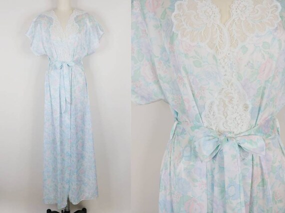 1980s Rose Print Floral Nylon Robe | Vintage 80s … - image 1