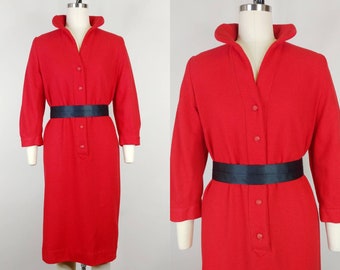 1960s Cherry Red Wool Button Down Shift Dress | Vintage 60s Collared Shirt Dress | Women's Clothing Small