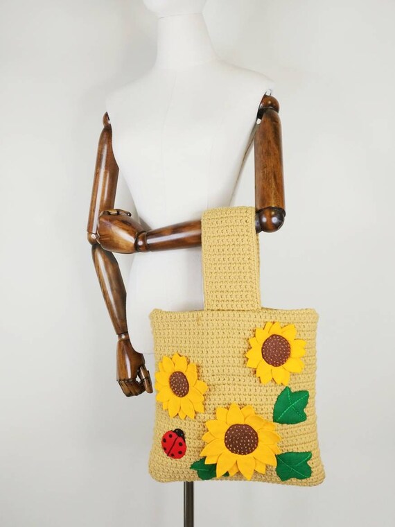 1970s Sunflower Ladybug Crochet Bag  | Vintage 70… - image 2