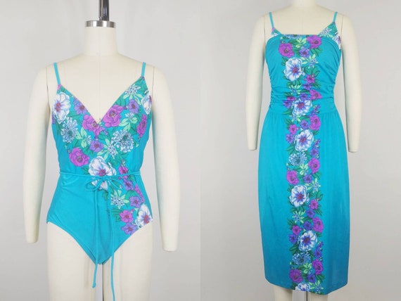 1980s Swimsuit Set | Vintage 80s Teal Blue Ocean … - image 1