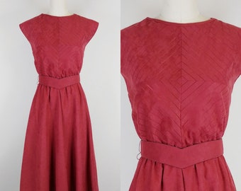 1970s Micro Suede Dress | Vintage 70s Maroon Red Chevron Sleeveless Fit n Flare Dress | Woman's Clothing Small