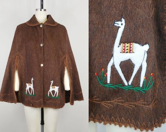 1970s Peruvian Alpaca Wool Llama Applique Souvenir Cape | Vintage 70s Brown Collared Button Down Poncho | Women's Outerwear