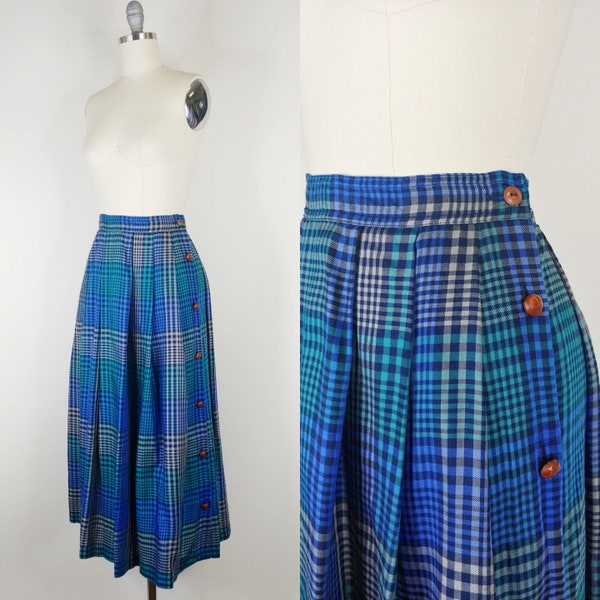 american retro high waist blue plaid skirt
