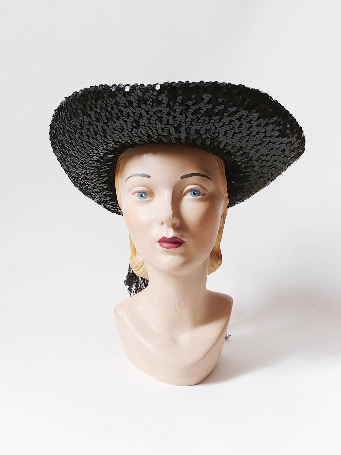 1940s Sequined Black Felt Picture Hat | Vintage 40s Sequin  display picture 1