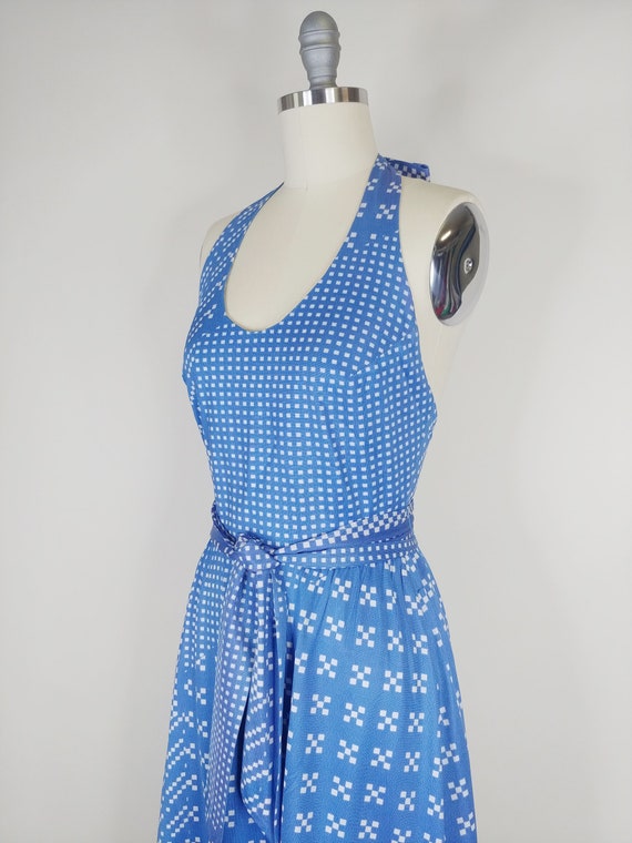 1970s Halter Maxi Dress | Vintage 70s Blue Checke… - image 6