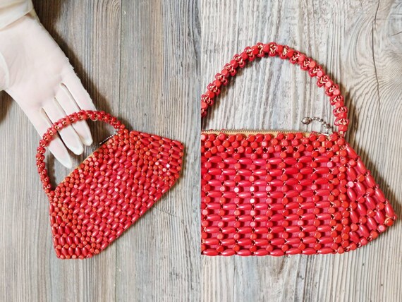 1930s Red Painted Wood Beaded Purse Vintage 30s Czechoslovakia