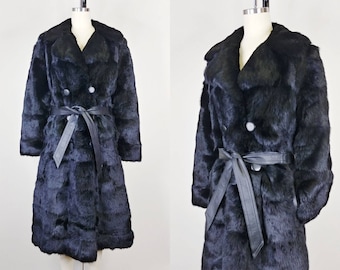 Vintage 70s Black Rabbit Fur Peacoat | Leather Belt, Full Length