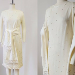 1960s Rhinestone and Pearl Cocktail Dress and Shawl Set | Vintage 60s Cream Flapper Dress | 1920s Inspired Party Dress XS