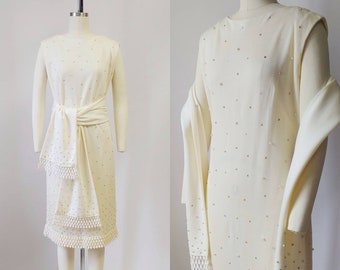 1960s Rhinestone and Pearl Cocktail Dress and Shawl Set | Vintage 60s Cream Flapper Dress | 1920s Inspired Party Dress XS