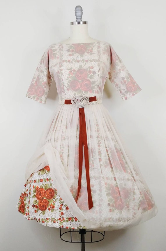 1950s Rose Print Floral Illusion Dress | Vintage … - image 3