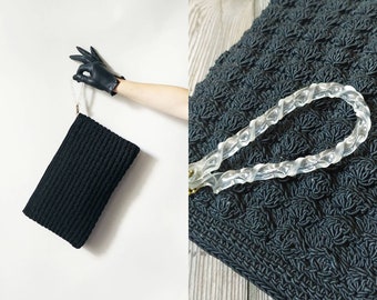 1940s Black Crochet Clutch With Twisted Lucite Pull | Vintage 40s Large Rectangle Handbag | Womens Accessories